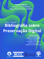 Capa do livro sobre a Bibliografia de Preservação Digital na cor azul e ondulações em verde